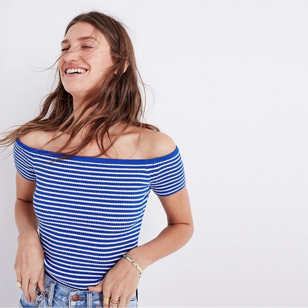 Madewell Off-the-Shoulder Sweater Blue Stripe Sz XS